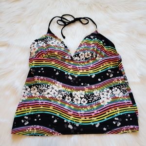  Mudd Black Rainbow Hawaiian Halter Tankini 